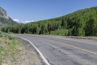 the paved road passes a wide valley with lots of green trees along it and tall mountains in the distance