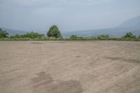 an empty area with some trees in the distance and mountains in the distance through it