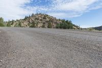 a hill and dirt road with a rock in the foreground and trees in the background