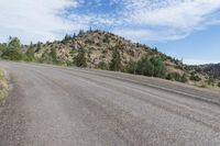 a hill and dirt road with a rock in the foreground and trees in the background