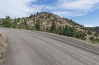 a hill and dirt road with a rock in the foreground and trees in the background