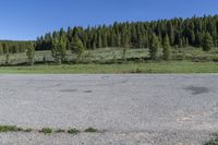 an empty lot with a parking lot and trees in the background in the wildland