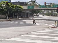 a crosswalk and pedestrian crossing on a street next to a freeway bridge and some tall buildings