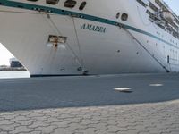 this is an image of a large cruise ship docked by the water's edge