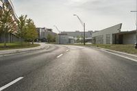 a curve road with buildings in the back ground and green grass on either side and street light pole in front