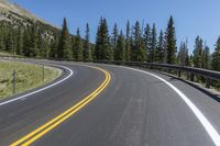 the curved highway has many yellow striped lines going along it with forest behind it and mountains in the distance