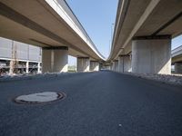 a curved road in front of several overpasses on an elevated roadway with rocks, gravel and gravel around