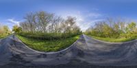 this is a fisheye lens picture of a curved road with trees around it and grass on the sides of it