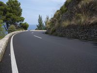 the road curves through an area of rock and trees with sea in the distance and blue sky