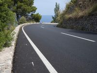 the road curves through an area of rock and trees with sea in the distance and blue sky