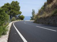 the road curves through an area of rock and trees with sea in the distance and blue sky