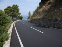 the road curves through an area of rock and trees with sea in the distance and blue sky