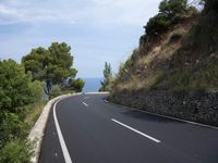 the road curves through an area of rock and trees with sea in the distance and blue sky