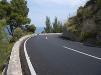 the road curves through an area of rock and trees with sea in the distance and blue sky