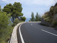 the road curves through an area of rock and trees with sea in the distance and blue sky