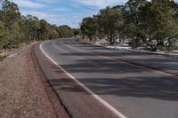 a curve in the road with trees on either side and snow on both sides and two lanes in the middle