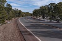 a curve in the road with trees on either side and snow on both sides and two lanes in the middle