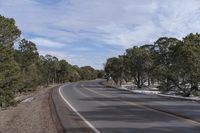 a curve in the road with trees on either side and snow on both sides and two lanes in the middle