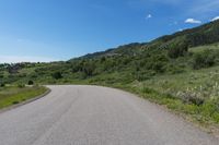 a curved road running through the mountains with vegetation on both sides and a blue sky overhead