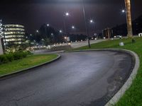 a roadway that is empty at night in an urban area with palm trees, a circular sidewalk and grassy areas