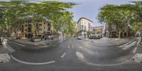 a view of a city street from the reflection of a google street view lens that has been altered to look like a curved road