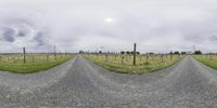 three images of a curved road in an empty field and telephone poles on the sides