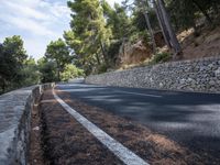 a curved road near some very tall trees on the side of a cliff wall of rock