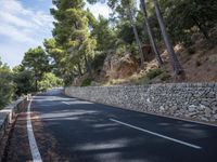 a curved road near some very tall trees on the side of a cliff wall of rock