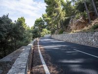 a curved road near some very tall trees on the side of a cliff wall of rock