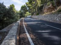 a curved road near some very tall trees on the side of a cliff wall of rock