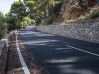 a curved road near some very tall trees on the side of a cliff wall of rock