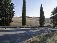 a curved road with a long curved fence in front of trees and rolling hills behind it