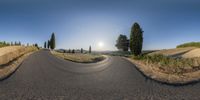 this is an image of a curved road in a panorama fish eye view by panoramic