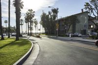 a curved street with some palm trees on the side and a yellow caution sign at the end
