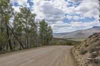 the road is lined with trees near a rocky hill and field with white clouds in the blue sky