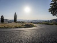 the road curves into an empty mountain side with large trees in the foreground and to the far end, and the sun is rising