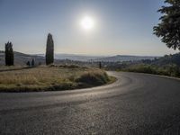 the road curves into an empty mountain side with large trees in the foreground and to the far end, and the sun is rising