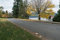 a bicyclist rides down a path in the middle of fall next to lake como