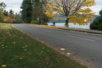 a bicyclist rides down a path in the middle of fall next to lake como