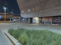 street view of an art museum lit up at night with lights on and posters in background