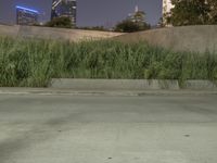 a red skateboarder doing a trick in a city setting at night time with tall grass