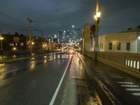 city lights shine brightly above a dark street in this shot of an old style road