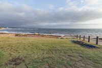 a group of kayaks sitting on top of green grass next to the ocean and a sandy shore