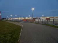 a grassy pathway with street lights in the distance at dusk at an airport runway area