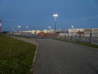 a grassy pathway with street lights in the distance at dusk at an airport runway area