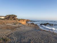 a grassy field by the shore and a cliff with rocks in the ocean in the background