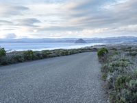 a long paved road beside the ocean on the other side of the beach, a lone motorcycle rider is riding along