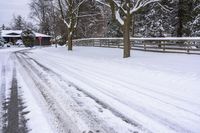 a street full of snow with several trees lining the side of it and fenced in