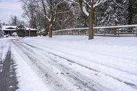 a street full of snow with several trees lining the side of it and fenced in