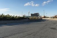 the empty street is lined with trees and bushes, with the city in the background